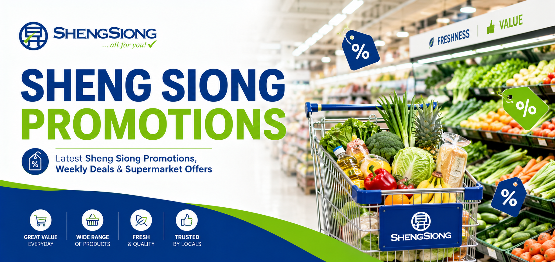 Sheng Siong promotions banner with grocery cart and supermarket deals